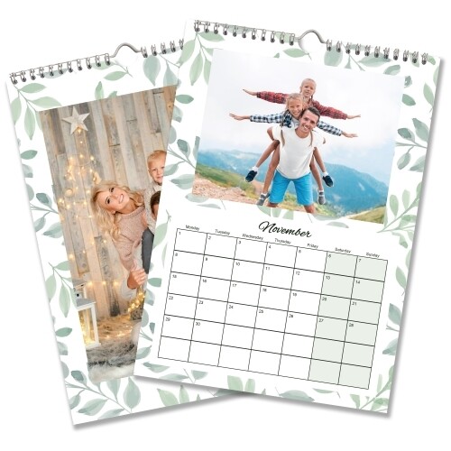Personalised A3 family photo calendar with leafy design, family photograph and November month grid