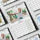 A 2026 wall calendar is open to November, featuring a cheerful young girl rollerblading in a park, wearing protective gear and a white T-shirt. The calendar has a soft green leaf border and a clean date grid layout. Surrounding it are additional calendar pages, showing similar designs with different photos and months. The calendar is spiral-bound with a central hanging hook, ideal for easy wall display.