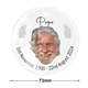 Round ceramic bauble with a photo of an elderly man with white hair and a beard, smiling. The word 