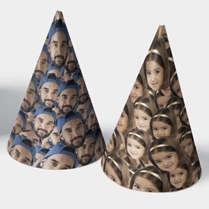 Two personalised party hats with repeated face prints. The first hat features a man in a blue cap, while the second displays a young girl with a golden headband. Both hats have an all-over face pattern on a white background.