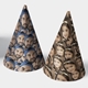 Two personalised party hats with repeated face prints. The first hat features a man in a blue cap, while the second displays a young girl with a golden headband. Both hats have an all-over face pattern on a white background.