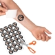 A hand applying a circular black temporary tattoo reading Sally's Hen Party Brighton 2025 onto a forearm. A sheet of identical tattoos and a pair of orange-handled scissors are visible nearby, ready for use at a hen party.