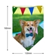 A piece of personalised bunting featuring a happy corgi dog wearing a teal bow tie, with colorful triangular flags in the background, set on green grass. Dimensions of 190mm in height and 130mm in width are marked on the image.