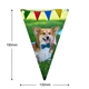 Triangular personalised bunting with a size infographic showing dimensions of 190mm in height and 130mm in width, featuring a happy Corgi wearing a bow tie with colourful bunting in the background.