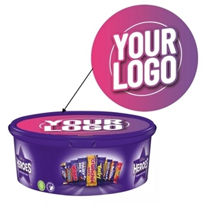 Purple Cadbury Heroes tub with an arrow highlighting a circular customisable sticker featuring the text Your Logo in bold white font on a purple gradient background. Ideal for personalising chocolate tubs.