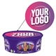 Purple Cadbury Heroes tub with an arrow highlighting a circular customisable sticker featuring the text Your Logo in bold white font on a purple gradient background. Ideal for personalising chocolate tubs.