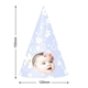 Light blue personalised party hat measuring 155mm tall and 120mm wide, featuring a baby girl's face with a pink floral headband, surrounded by white daisies and the number 1, perfect for a first birthday celebration.