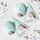 Customised party hats with turquoise heart patterns, the number 32, and a personalised photo of a smiling woman, arranged alongside scattered colourful confetti. The hats are displayed in upright and side positions, ideal for festive celebrations.