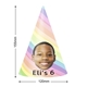 Customised rainbow-striped party hat featuring a personalised photo of a smiling boy and the text Eli's 6. Dimensions are shown as 155mm in height and 120mm in width, perfect for celebrating a 6th birthday.