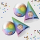 Customised party set featuring colourful gradient balloons and party hats printed with a smiling man's face and bold text reading Andrews 60th, surrounded by scattered confetti.