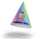 Personalised party hat with a vibrant gradient design, featuring a smiling man's face and bold text reading Andrews 60th, complete with an elastic strap for easy wear.