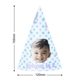 Customised party hat with your own photo and number. Dimensions are shown: 155mm in height and 120mm in width. Perfect for birthdays or themed celebrations.