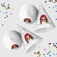 Customised party hatswith your own image and number, arranged alongside scattered colourful confetti. The hats are displayed in upright and side positions, ideal for festive celebrations.