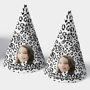 Two customised party hats with a white background, personalised with your photo and number of your choice. The hats are displayed upright side by side. Perfect for birthdays or celebrations.