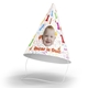 Customised party hat with your own photo and personalised number. The hat includes an elastic strap, displayed upright on a white surface. Perfect for birthday celebrations or themed events.