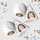 Customised party hatswith your own image and number, arranged alongside scattered colourful confetti. The hats are displayed in upright and side positions, ideal for festive celebrations.