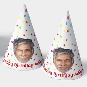 Two customised party hats with a white background, personalised with your photo and number of your choice. The hats are displayed upright side by side. Perfect for birthdays or celebrations.