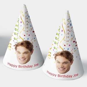 Two customised party hats with a white background, personalised with your photo and number of your choice. The hats are displayed upright side by side. Perfect for birthdays or celebrations.