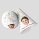 Two customised party hats your own face on. One hat is upright, and the other is positioned on its side, showcasing the full design. Perfect for birthdays or celebrations.