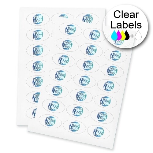 Two sheets of clear Oval labels featuring a custom blue and white logo, arranged neatly for easy peeling and application. The labels are ideal for personalised branding or product packaging.