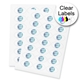 Two sheets of clear Oval labels featuring a custom blue and white logo, arranged neatly for easy peeling and application. The labels are ideal for personalised branding or product packaging.