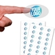 Transparent custom oval label sticker with a blue and white logo, shown on a fingertip, alongside two sheets filled with multiple identical stickers. Ideal for personalised branding or product labelling.