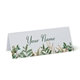 Personalised wedding place card with your name in elegant design on folded white cardstock. Set on a softly draped ivory tablecloth, creating a sophisticated and timeless look.