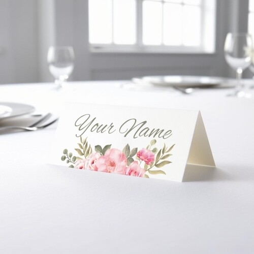 Personalised wedding place card with your name in elegant design on folded white cardstock. Placed on a table set for a formal event, with plates, cutlery, and wine glasses in the softly blurred background.