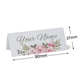 Personalised wedding place card with your name in elegant design on folded white cardstock. Dimensions are 90mm wide by 37mm high, shown with measurement indicators on a plain white background.