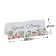 Personalised wedding place card with your name in elegant design on folded white cardstock. Dimensions are 90mm wide by 37mm high, shown with measurement indicators on a plain white background.