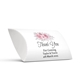 Personalised wedding favour pillow box with a white background, featuring a delicate floral design of pink roses and grey leaves. Elegant script text reads Thank You For Coming, followed by the names Taylor & Travis