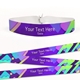 Customisable fabric wristbands with a vibrant purple, blue, and green abstract design. The text area allows for personalised details such as event name and date. Made from durable material with a secure fastening. Ideal for festivals, concerts, or promotional events.