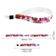 A personalised fabric wristband with a colourful abstract design and a custom text area. Includes measurements of 350mm length, 15mm width, and a folded length of 175mm. Features a black plastic lock for secure fastening. Ideal for events and promotions.