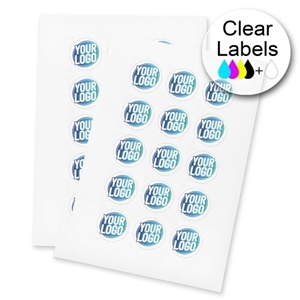 Two sheets of clear circle labels featuring a custom blue and white logo, arranged neatly for easy peeling and application. The labels are ideal for personalised branding or product packaging.