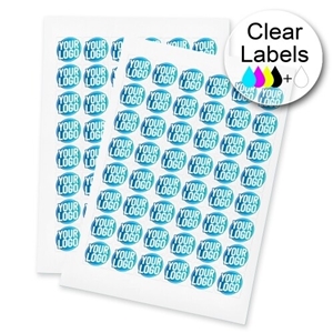 Two sheets of clear Square labels featuring a custom blue and white logo, arranged neatly for easy peeling and application. The labels are ideal for personalised branding or product packaging.