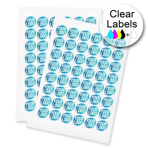 Two sheets of clear Square labels featuring a custom blue and white logo, arranged neatly for easy peeling and application. The labels are ideal for personalised branding or product packaging.