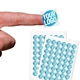 Transparent custom square label sticker with a blue and white logo, shown on a fingertip, alongside two sheets filled with multiple identical stickers. Ideal for personalised branding or product labelling.