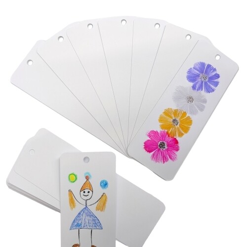 Pack of blank bookmarks with rounded corners and top hole, displayed fanned out. Some show hand-drawn designs including flowers and a stick figure. Ideal for custom colouring, personalised gifts, school crafts or creative projects.