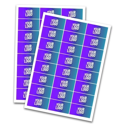 Two sheets of personalised 64mm x 34mm rectangle vinyl stickers featuring a custom logo design in pink and purple. Each sheet contains multiple labels, ideal for branding, packaging, or promotional use. Printed on high-quality adhesive vinyl