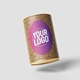 A cylindrical product container with a geometric gold and black pattern features a personalised oval label with a pink-to-purple gradient and placeholder text Your Logo. The container appears to be floating against a light background, ideal for custom branding and packaging.
