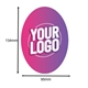 Oval-shaped custom label measuring 134mm x 95mm, featuring a gradient background transitioning from pink to purple. The centre displays bold white text outlined in pink reading Your Logo, indicating space for personalisation. A subtle circular outline surrounds the text. Ideal for customised branding or product labelling.