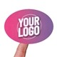 A personalised oval sticker with a pink-to-purple gradient and placeholder text Your Logo is held on the tip of a finger. The design includes a subtle circular outline around the text. Ideal for branding, product packaging, or custom labelling.