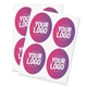 Two sheets of personalised oval stickers, each featuring a pink-to-purple gradient design with placeholder text Your Logo. The stickers are evenly spaced on a white background, ideal for custom branding, packaging, or promotional use.