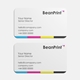 Flat lay rounded business card front design with minimalist layout and CMYK colour strip.