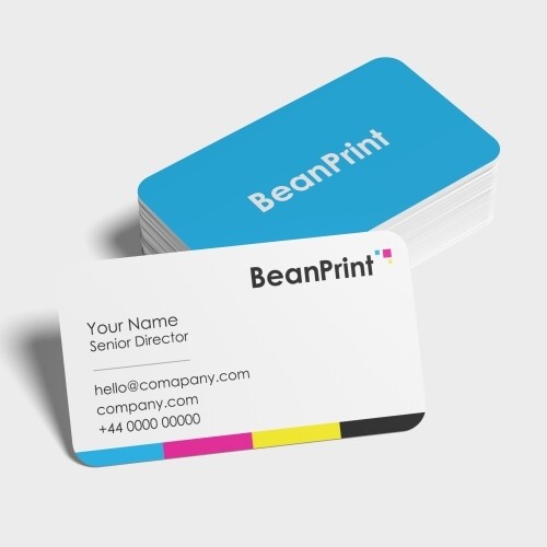 Stack of rounded business cards with blue back design and front card showing contact details