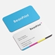 Front and back view of rounded corner business cards with blue reverse and CMYK accent strip