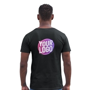 Man wearing a black t-shirt with a custom Your Logo design printed on the back, ideal for personalised branding or customised apparel.