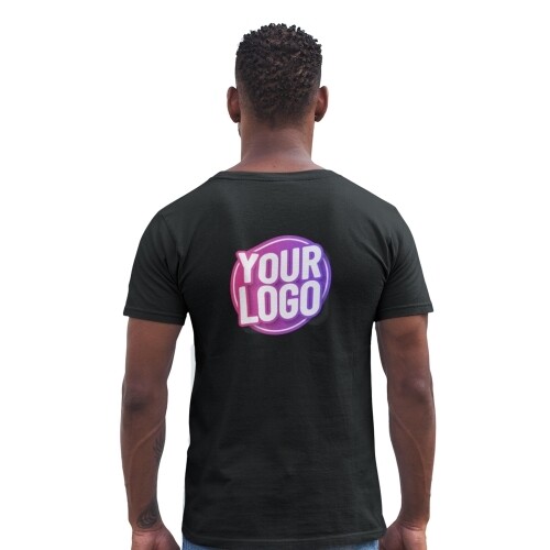 Man wearing a black t-shirt with a custom Your Logo design printed on the back, ideal for personalised branding or customised apparel.