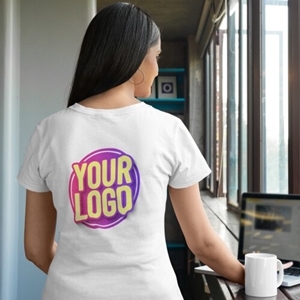 Woman wearing a white t-shirt with a custom Your Logo design printed on the back, ideal for personalised branding or customised apparel.