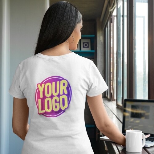 Woman wearing a white t-shirt with a custom Your Logo design printed on the back, ideal for personalised branding or customised apparel.